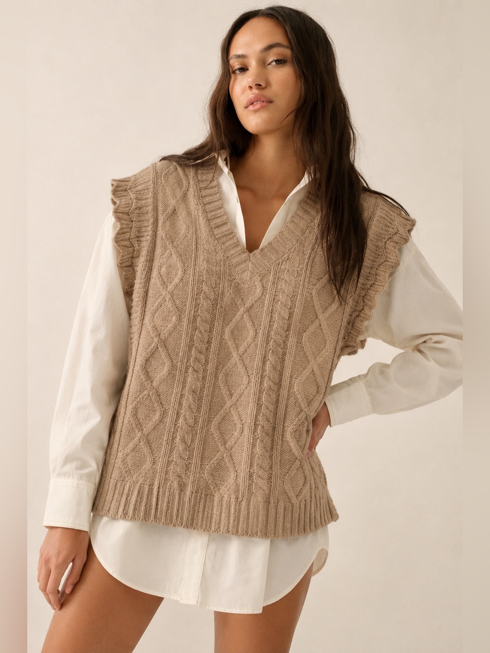 FRNCH Paris Cable Knit Vest Sweater Tan Chunky Knit Size Medium *B